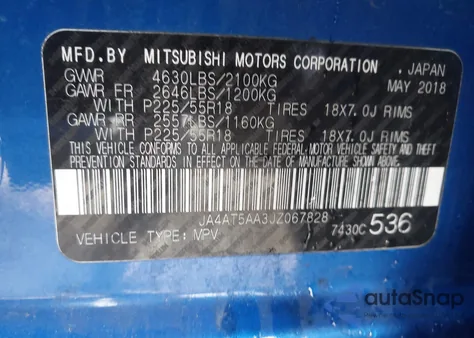 2018 Mitsubishi Eclipse Cross Se/Sel z USA, uszkodzony, nr VIN JA4AT5AA3JZ067828